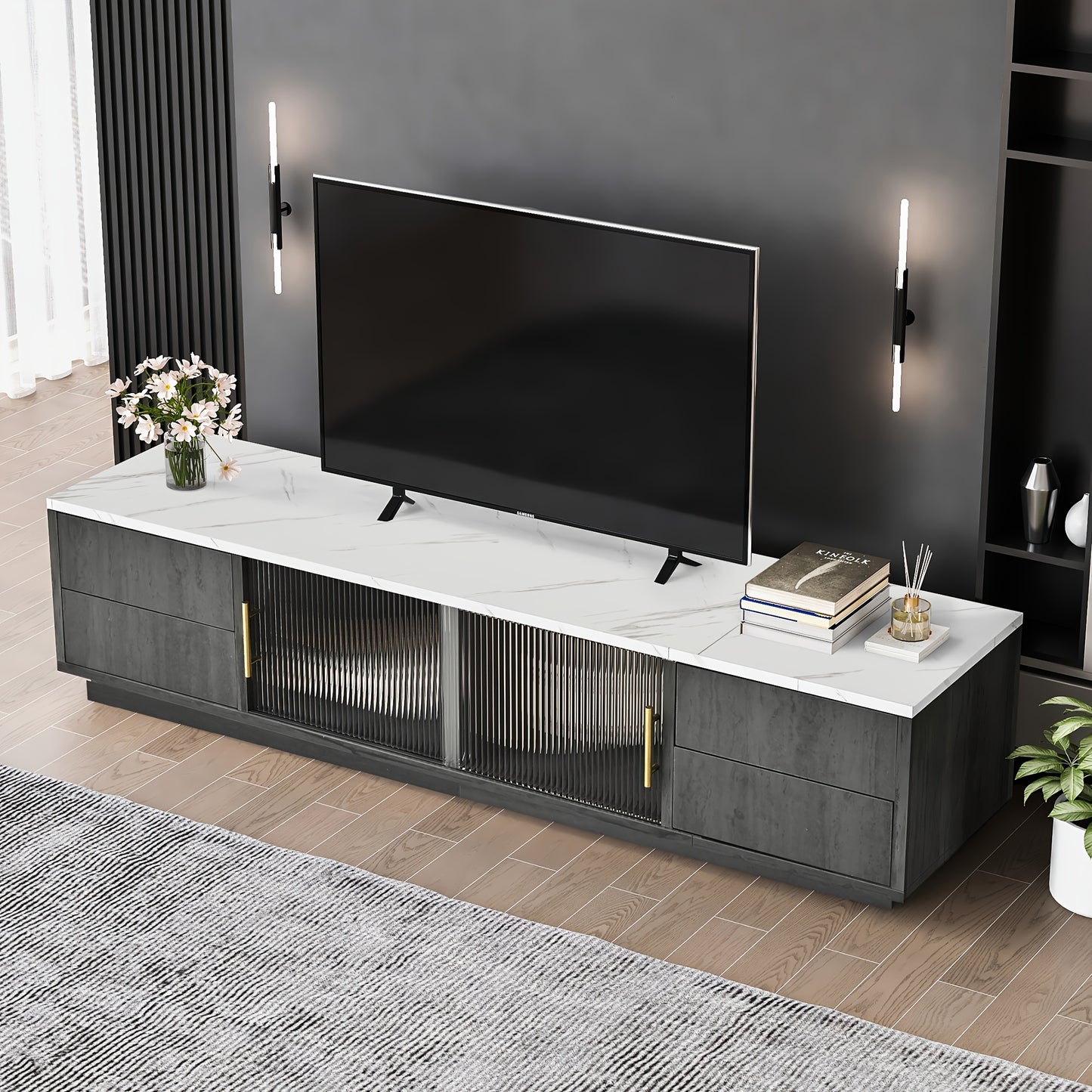 Tv-Meubel – Tv-Kast – Mediamöbel – Opbergkast – Kastje – Notenkleur Walnut – Golvende Deuren – Ruime Opbergruimte – Bamboe Materiaal – Zwarte Metalen Poten
