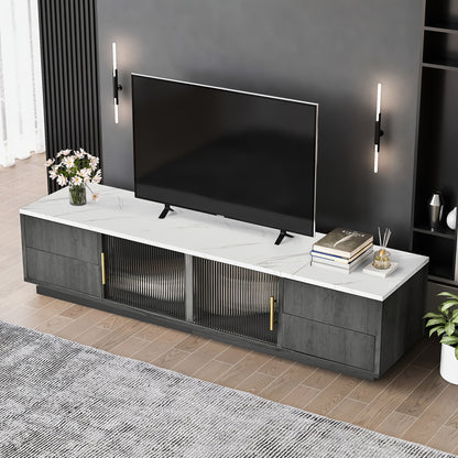 Tv-Meubel – Tv-Kast – Mediamöbel – Opbergkast – Kastje – Notenkleur Walnut – Golvende Deuren – Ruime Opbergruimte – Bamboe Materiaal – Zwarte Metalen Poten