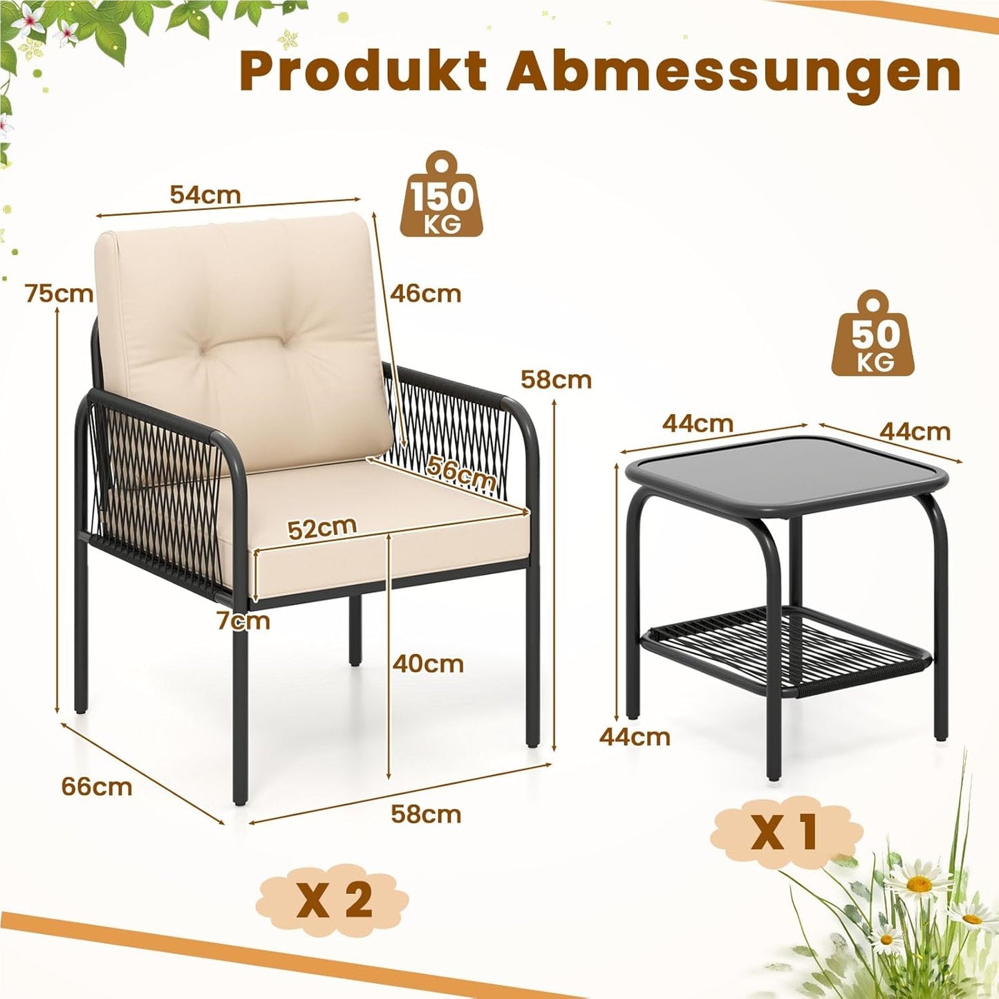 Rattan Tuinmeubel Set – Balkonset – Balkon Meubels – Tuinmeubels – Terras Meubel – 3-delig Met Kussens – Weerbestendig PE Rattan – Tempered Glas Tafel