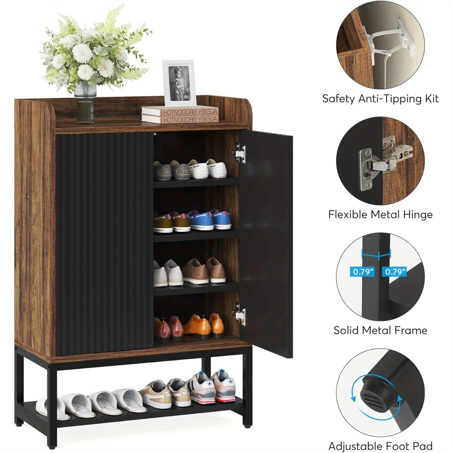 Shoe Cabinet with Doors, 5-Tier Shoe Storage Cabinet for Entryway Hallway, Wooden Shoe Rack Organizer Cabinet for 15-20 Pair of Shoes, Black and Brown (1)