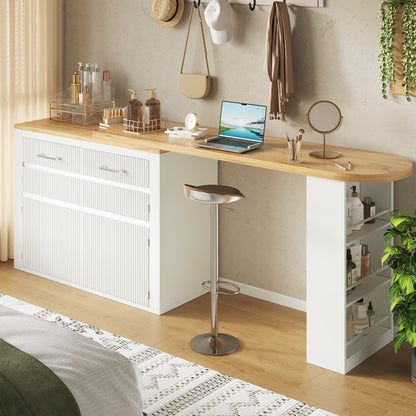 Extendable Bar Table with Storage Space (137-215 × 39 × 102.3cm), Modern Mobile Bar Table, Extendable Bar Table with One Drawer and Two Shelves, Tall Kitchen Island Dining Table, White
