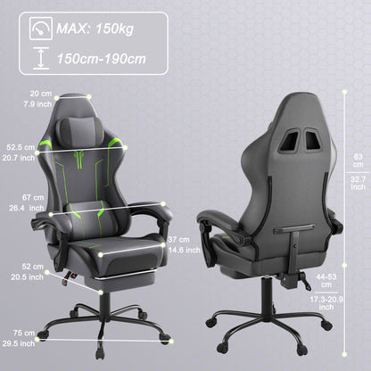 Ergonomic Gaming Chair with Massage Function - Adjustable Height, 135° Tilt, Lumbar Support, Headrest, Armrests & Footrest - White & Black Modern Design, Steel Frame, PU & Upholstery, 150kg Load Capacity, Sleek Office Furnit