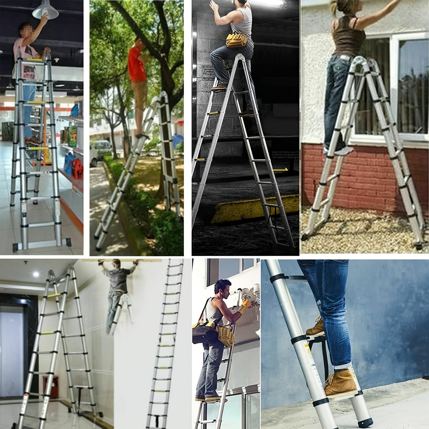 Telescopische Ladder – Uitschuifbare Ladder – Vouwladder – A-Frame Ladder – Trappenladder – 5 Meter Hoogte – Roestvrij Staal & Stabilisatorbalk
