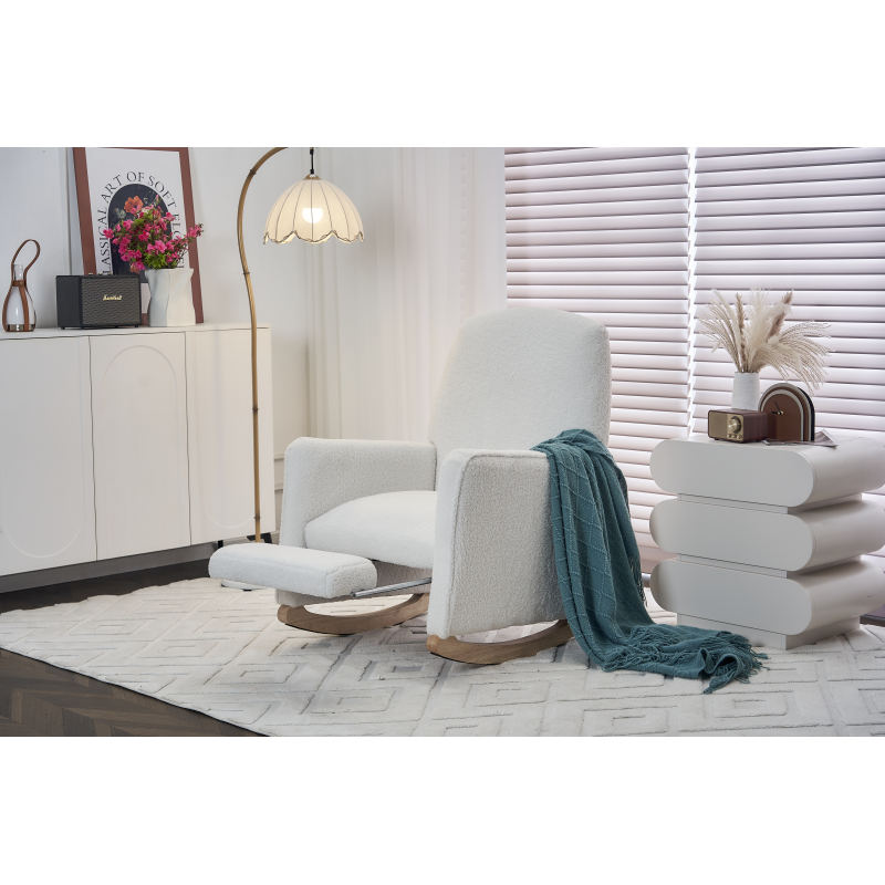 044 rocking chair with stool relaxation with ottoman rocking chair for the interior with a high backrest for the living room white teddy fabric,  Cozy Seating, Stylish Seating, Elegant Design, Premium Materials, Modern Homeow