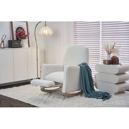 044 rocking chair with stool relaxation with ottoman rocking chair for the interior with a high backrest for the living room white teddy fabric,  Cozy Seating, Stylish Seating, Elegant Design, Premium Materials, Modern Homeow