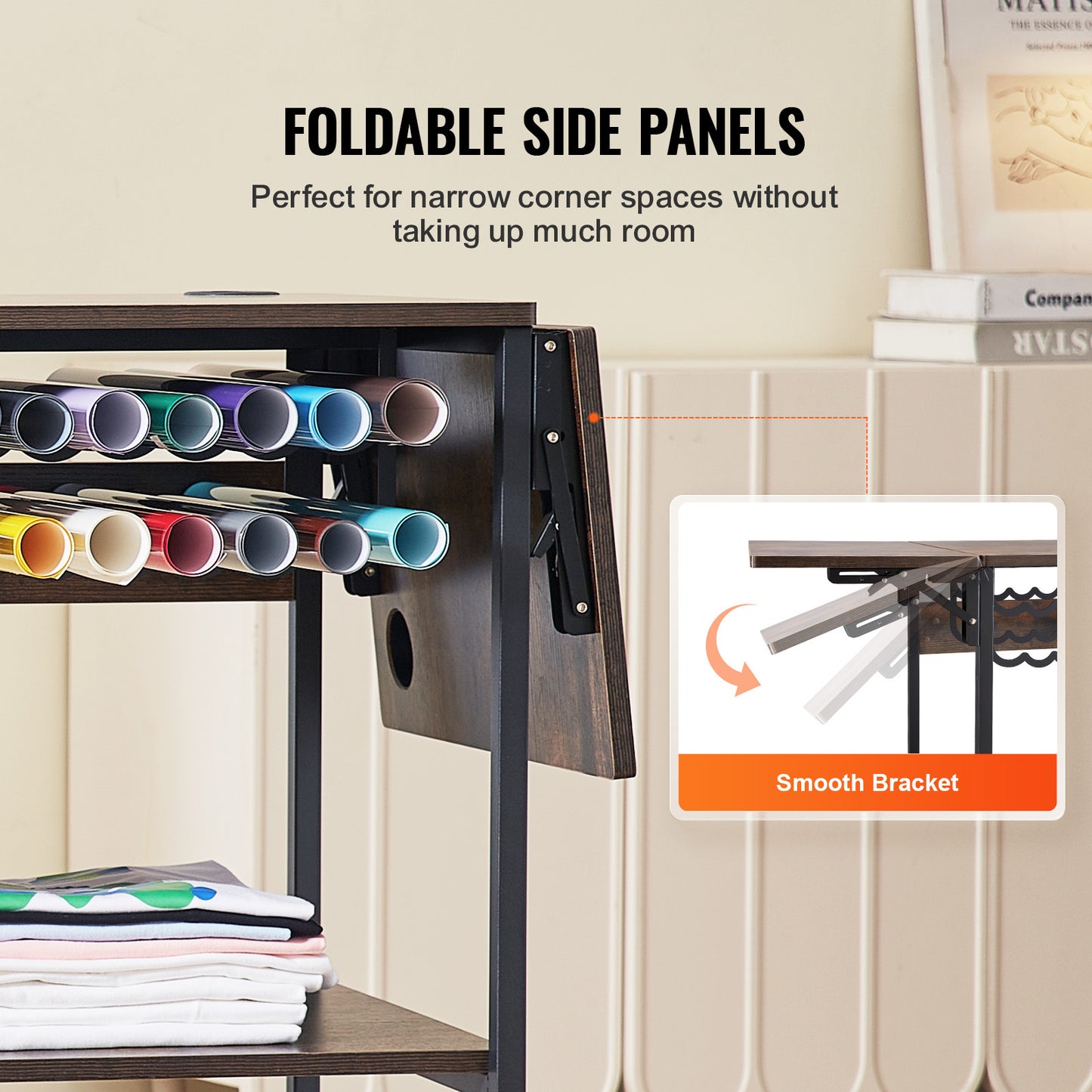 Transferpers Werktafel – Hittepers Tafeltje – Warmte Pers – Heat Press Stand – Opbergbureau – 3-Laags Opbergniveau – Inklapbare Zijpanelen – Stevige Metalen Constructie – Mobiel Met Wieltjes – Bruin
