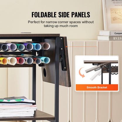 Transferpers Werktafel – Hittepers Tafeltje – Warmte Pers – Heat Press Stand – Opbergbureau – 3-Laags Opbergniveau – Inklapbare Zijpanelen – Stevige Metalen Constructie – Mobiel Met Wieltjes – Bruin