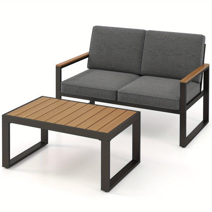 4-delige Loungeset – Tuinmeubelset – Balkonset – Terrasmeubilair – Buitenmeubelset – Aluminium Frame – Hout-Plastic Armleuningen & Tafelblad – Comfortabele Olefin Kussens – Roestvrij & Duurzaam – Grijs