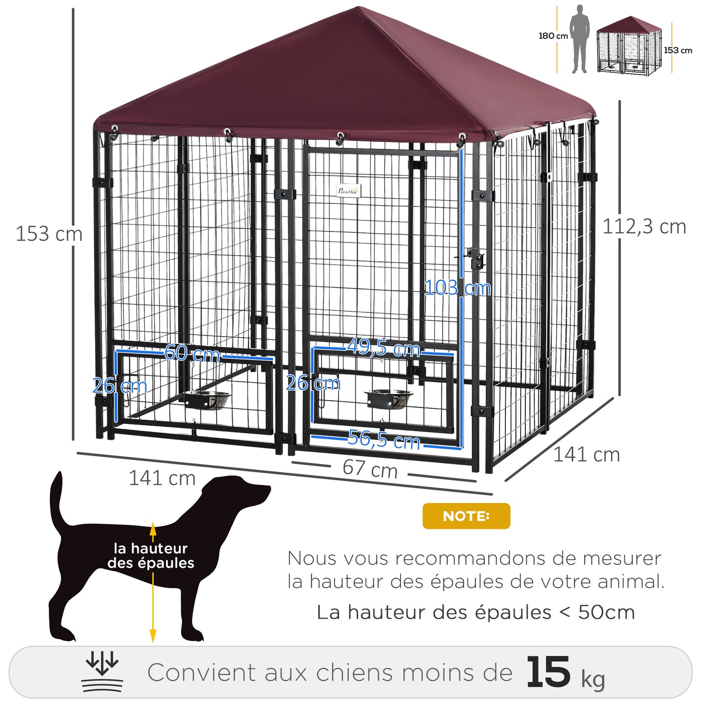 Hondenhok – Hondenren – Kennel – Hondenkooi – Buitenren – Roestvrij Stalen Frame – Waterbestendig Oxford Dak – 141x141x153 cm – 2 Roterende Voerbakken