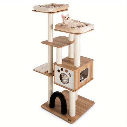 Krabpaal – Kattenkrabpaal – Kattenboom – Kattenhuis – Kattenmeubel – 6 Niveaus – Beige Houten Krabpaal Met Condo