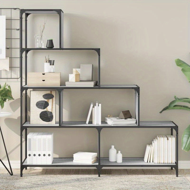 4-Tier Bookcase, 139x33.5x149cm, Treated Wood, Gray Sonoma, Vertical Shelves, Sturdy & Durable, Smooth Surface, Anti-Moisture, Anti-Warpage, Anti-Split, Perfect for Offices, Living Rooms, Bedrooms, Study Rooms, Standing Shelf