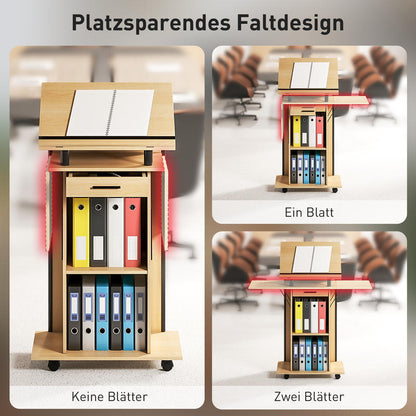 Sprekerstafel – Podium – Lectern – Rollend Presentatiegestoelte – Praatgestoelte – Inklapbare Zijvleugels – Lade & Opbergruimte – Donker Eikenhout Look