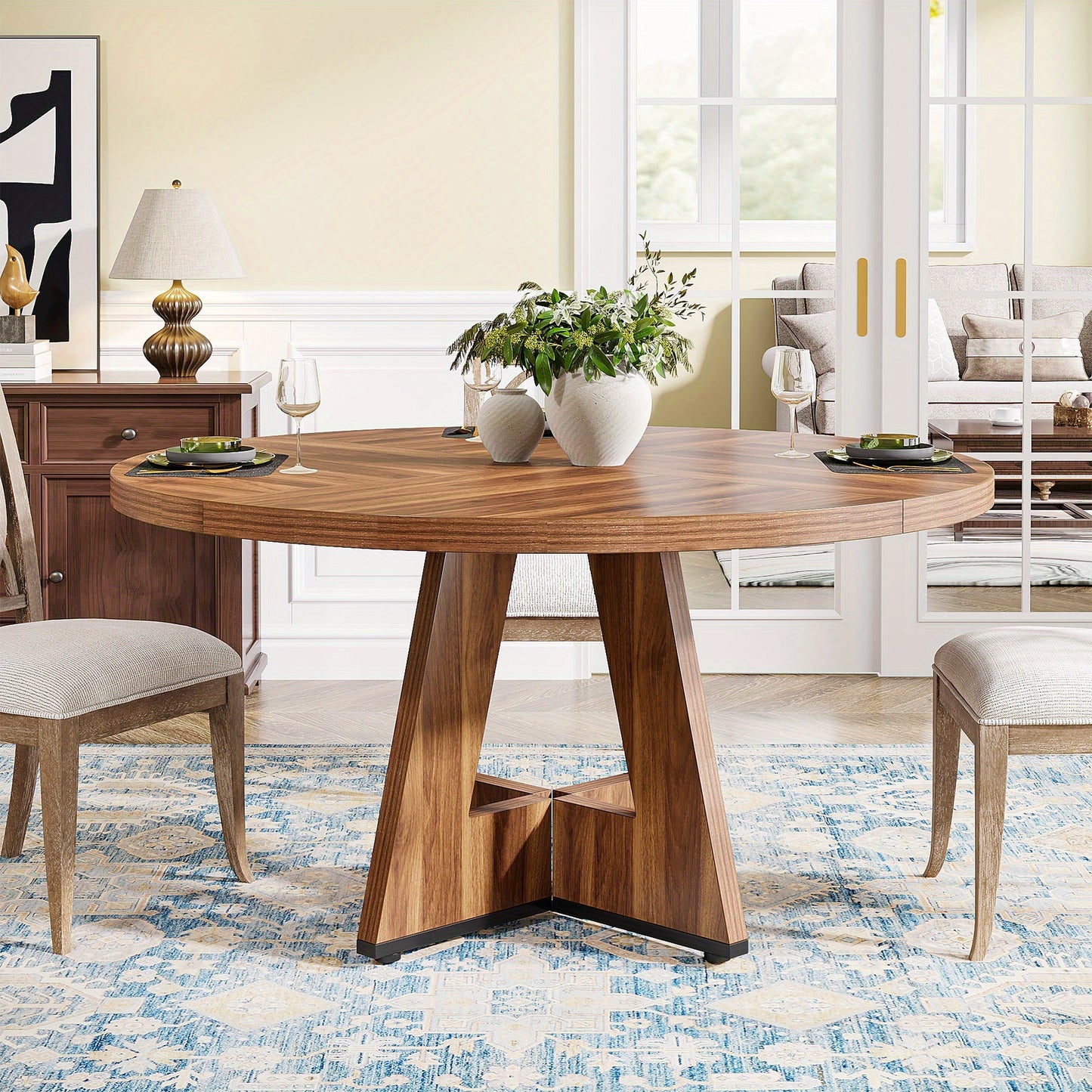 Ronde Eettafel – Houten Tafel – Keukentafel – Draaibare Tafel – Landelijke Tafel – Ruimtebesparend Design – Stevig Kruisvormig Onderstel – Diameter 120 cm – Burlywood Hout