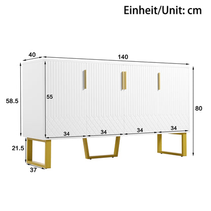 Dressoir – Sideboard – Opbergkast – Kast – Buffetkast – Wit Hoogglans – Geometrische Deuren – 140x40x80 cm – Metalen Handgrepen – Metalen Pootjes