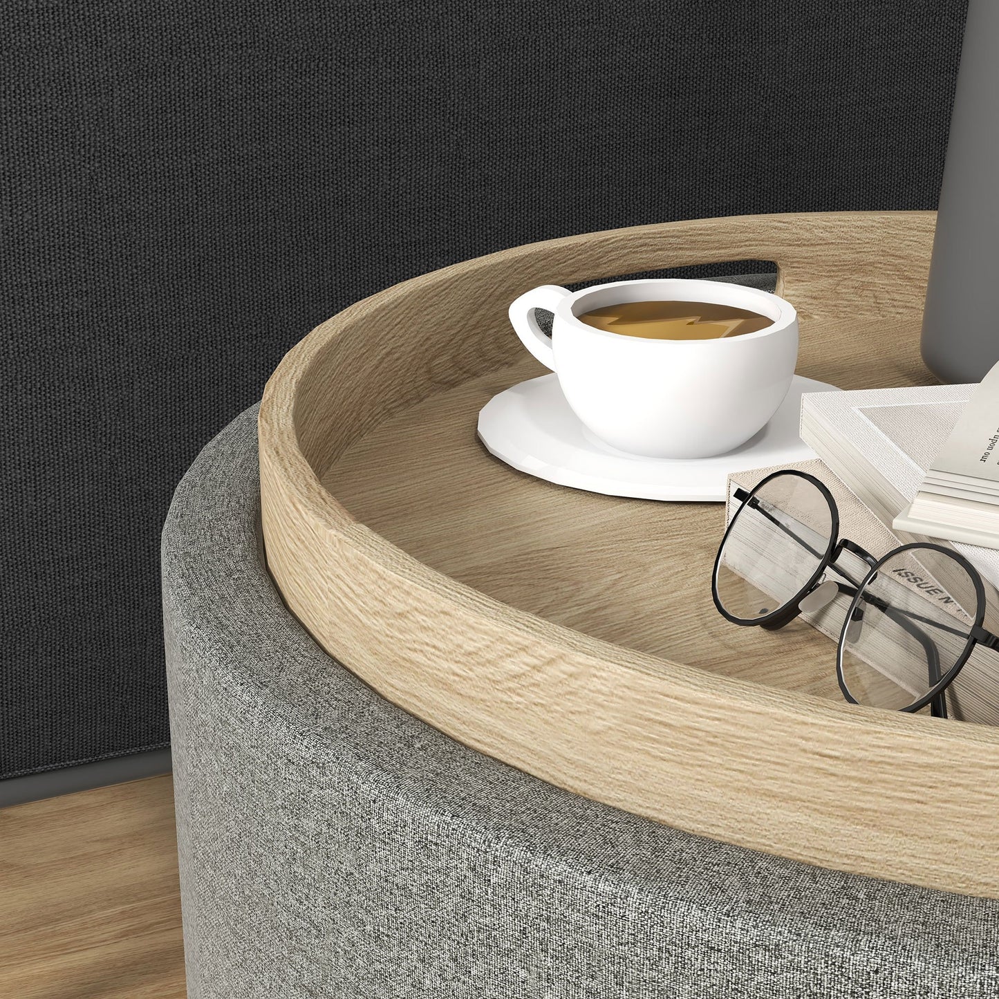 Poef – Ottoman – Zitzak – Hocker – Kruk – Met Opbergruimte – Omkeerbaar Deksel – Linnen Bekleding – 56x56x42 cm – Grijs Met Houten Pootjes