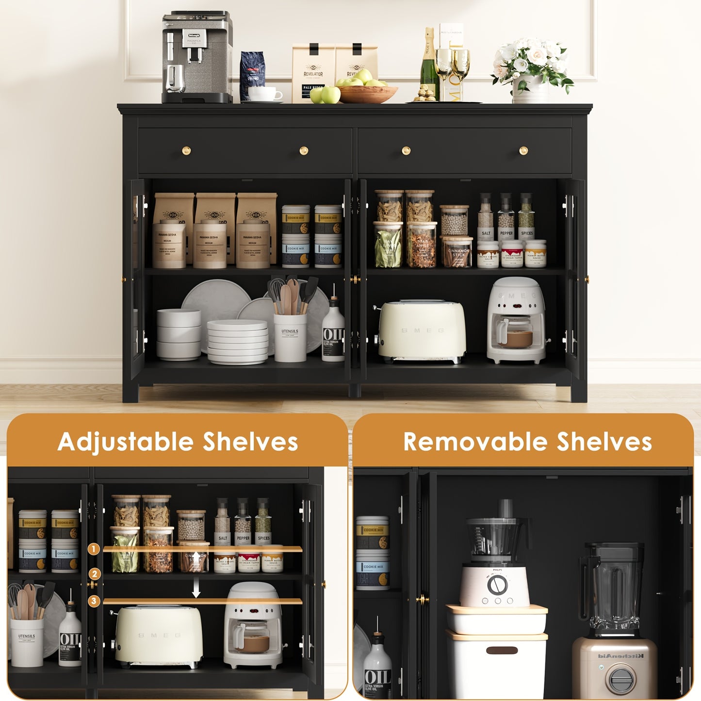 Keukenkast – Opbergkast – Sideboard – Buffetkast – Dressoir – Wit Houten Meubel – 3 Lades & 2 Deuren – Verstelbare Planken – Massief Hout