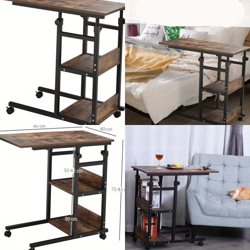 Zijtafel – Bijzettafel – Salontafel – Verstelbare Tafel – Wieltjes Tafel – Metalen Constructie – Verstelbare Hoogte 80x40x72,8 cm – Twee Planken – Bruin