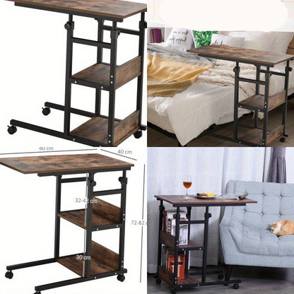 Zijtafel – Bijzettafel – Salontafel – Verstelbare Tafel – Wieltjes Tafel – Metalen Constructie – Verstelbare Hoogte 80x40x72,8 cm – Twee Planken – Bruin