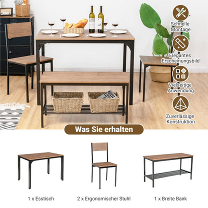 Eettafel Set 4-delig – Keukentafel – Stoelenset – Eetkamertafel – Industrieel Tafeldesign – Metaal Frame – Grote Bank Met Opbergruimte – Bruin