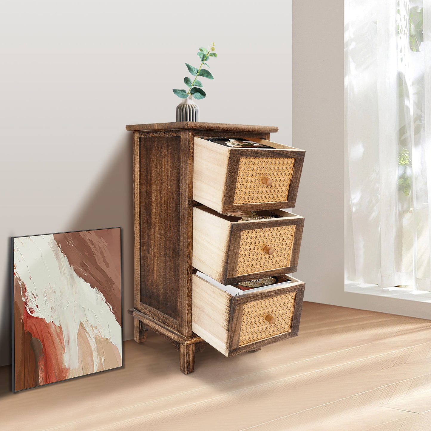 Opbergkast – Opbergmeubel – Ladekast – Kastenrek – Bergkast – 3 Lades – Massief Pauluswood – Donkerbruin Retro Design – Compact Verticaal – Draagvermogen 60 kg