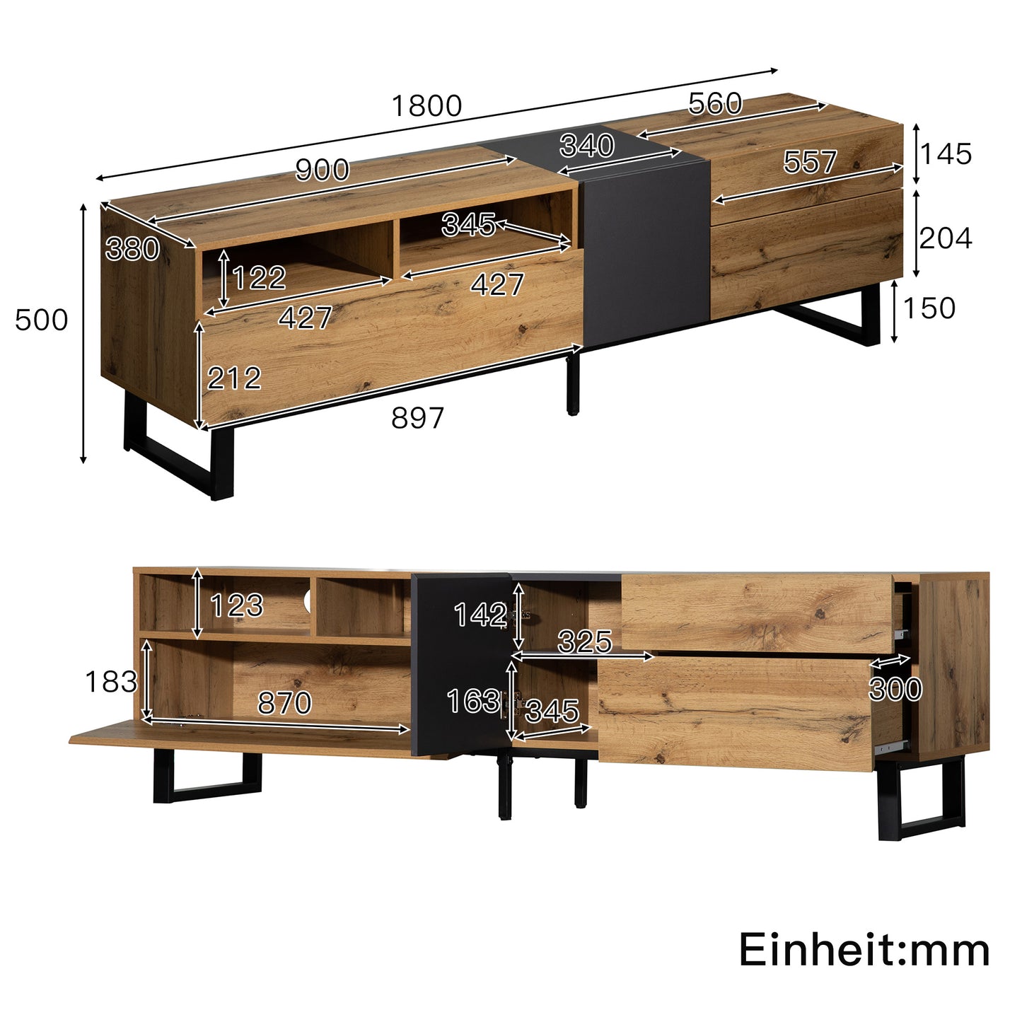 Tv-meubel – TV-kast – TV-dressoir – Media Meubel – Lowboard – Modern Design – 180x38x50 cm – Houtlook & Metalen Frame