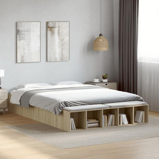 Bedframe Queen Size – Bedframe Met Opbergruimte – Platformbed – Slaapbank – Tweepersoonsbed – Sonoma Eiken – Ruimtebesparend Ontwerp – Stevige Houten Constructie