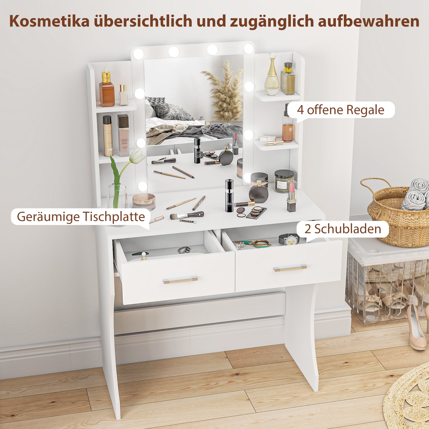 Make-uptafel – Make-up tafel – Make-up meubel – Beauty tafel – Schminktisch – Wit design – Dimbare LED-verlichting – Ruime opberglades