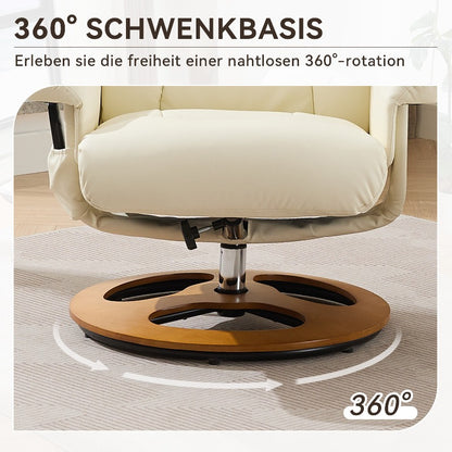 360° Swivel Recliner Chair with Massage & Heat - Heavy-Duty Metal Frame, PU Fabric White Modern Reclining Lounge Chair with Ottoman Footrest, Manual Operation, No Assembly Required, Easy-Clean Surface for Living Room, Home T