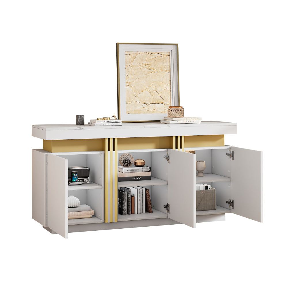 Modern White Sideboard/Display Cabinet | Three-Door Design with Adjustable Shelves, Suitable for Kitchens, Living Rooms, Dining Rooms, Hallways, Platinum Stitching, Spacious Handle-Less Compartments, Contemporary Style, Metal
