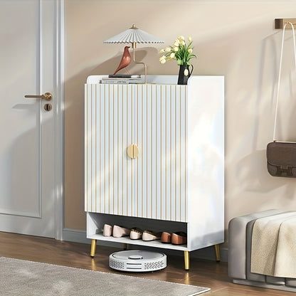 Schoenenkast – Schoenkast – Schoenenrek – Schoenenopberger – Schoenenkast Hal – Wit Bamboe – Dubbele Deuren – 3-Lagen – 20kg Draagkracht – Vrijstaand – Ruimtebesparend – 75x35x110 cm
