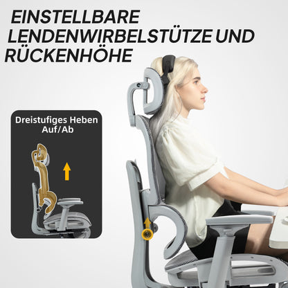 Ergonomische Bureaustoel – Kantoorstoel – Bureauzetel – Werkstoel – Bureaustoel Met Armleuningen – Grijs – Verstelbare Hoofdsteun – Ademend Mesh