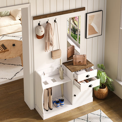 Garderoberek – Kapstok – Halrek – Schoenenrek – Spiegel – Wit Modern – Ruimtebesparend – Bamboe Materialen