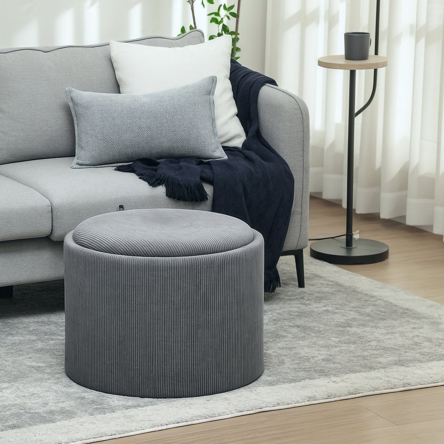 Opbergpoef – Opberghocker – Zitzak – Voetenbank – Poef – Rond – Grijs – Corduroy Stof – Comfortabele Zitplek – Handig Opbergvak