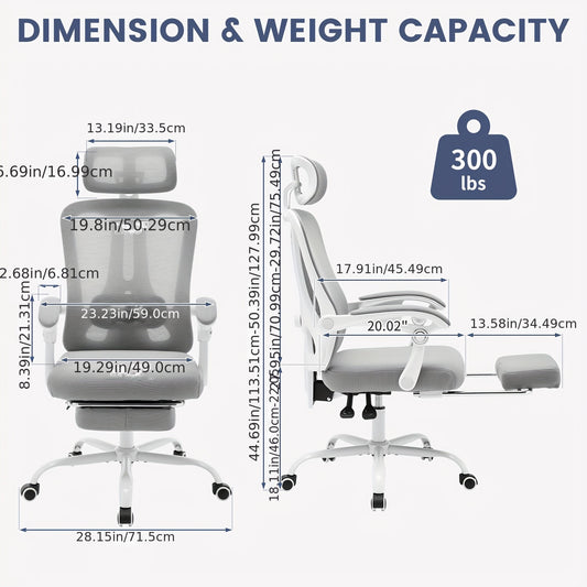 Ergonomische Bureaustoel – Bureaustoel Met Voetensteun – Kantoorstoel – Comfortabele Werkstoel – Gamestoel – Verstelbare Lendensteun – Ademend Mesh – 360° Draaibaar Met Metalen Frame – Grijs