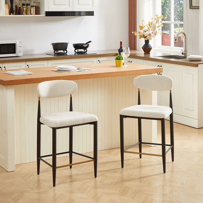 Barkrukken – Barstoelen – Krukken – Keukenstoelen – Zithoeken – Set Van 2 – Franse Landelijke Stijl – Beige Stoffen Bekleding – Metalen Frame – Compact & Comfortabel