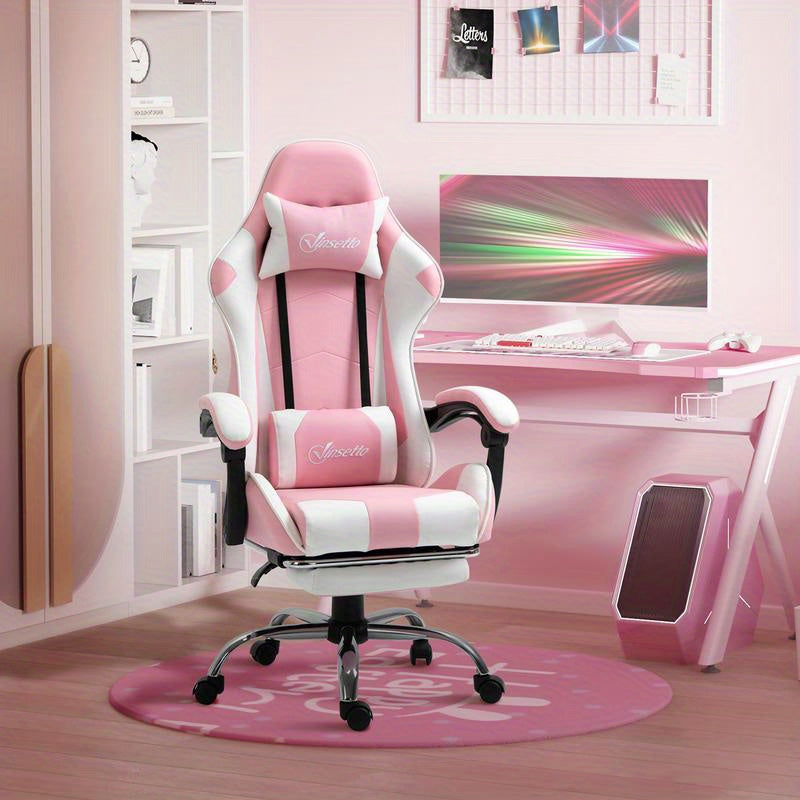 Gamingstoel – Bureaustoel – Gamestoel – Werkstoel – Office Chair – Ergonomisch – Verstelbare Hoogte 119-127 cm – 360° Draaibaar – Lendensteun – Metalen Frame – PVC Leer – Hoofdsteun – Roze Zwart