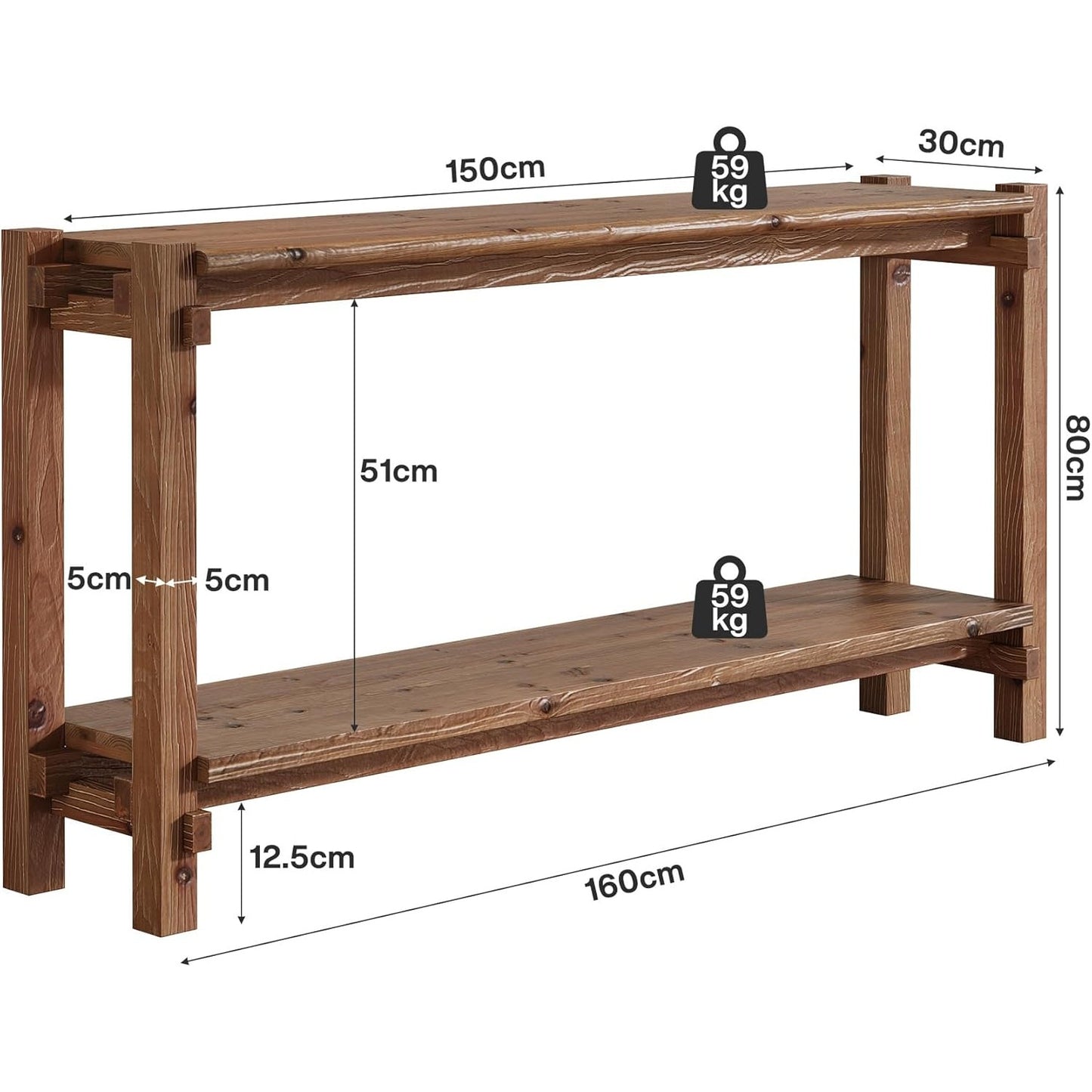 Console table, 160cm long, 2-tier entryway table, coffee table with storage, farmhouse wood back coffee table for living room, hallway (brown)