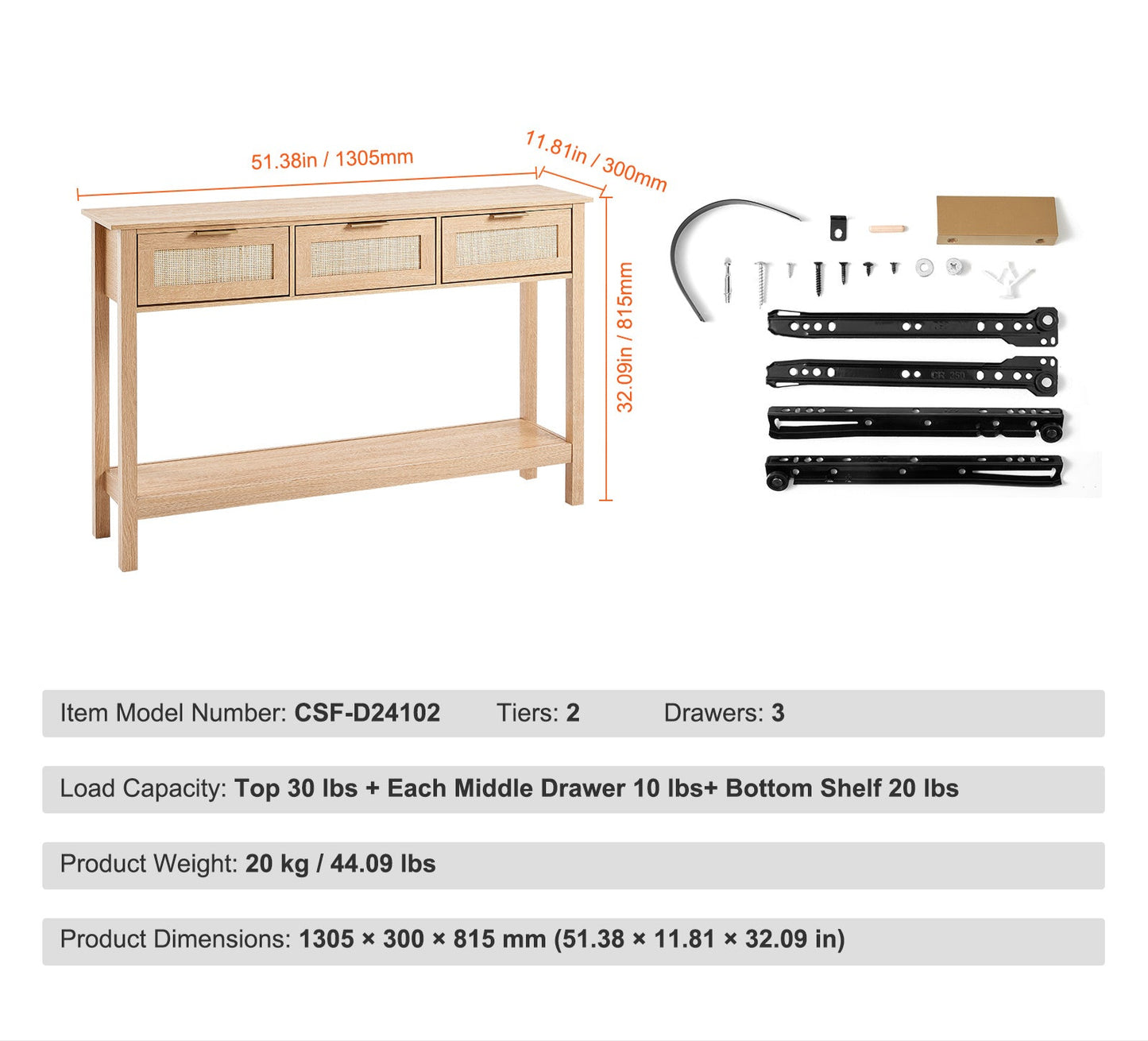 Rieten Sidetable – Rieten Tafel – Opbergtafel – Bijzettafel – Wandtafel – Natuurlijk Riet – 3 Lades – Eenvoudige Montage