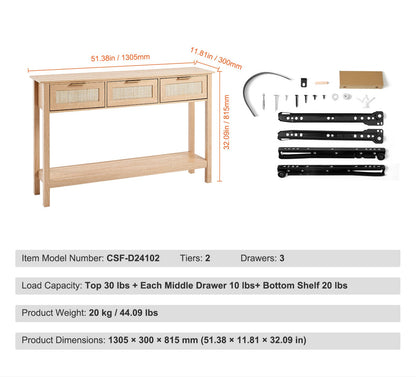 Rieten Sidetable – Rieten Tafel – Opbergtafel – Bijzettafel – Wandtafel – Natuurlijk Riet – 3 Lades – Eenvoudige Montage
