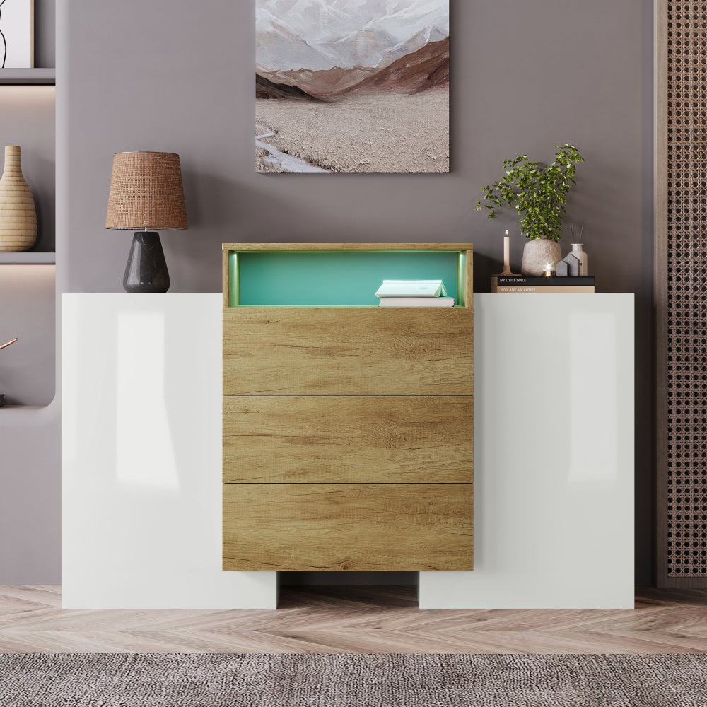 Dressoir – Sideboard – Opbergkast – Ladekast – Buffetkast – Hoogglans Wit Met Houten Accent – Compact 140 cm Hoog