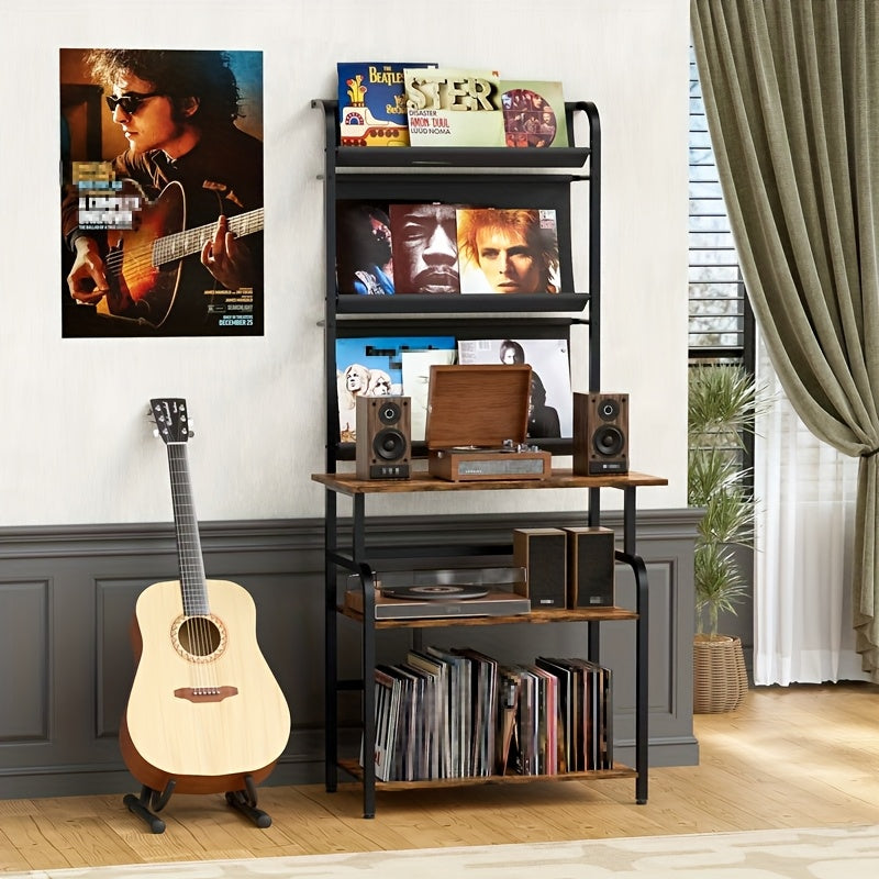 Platenrek – LP Opbergsysteem – Platenhouder – Vinylkast – Platenspeler Meubel – 6 Lagen – Massief Hout En Metaal – Extra Groot Tafelblad 78x38 cm