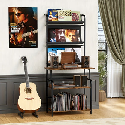 Platenrek – LP Opbergsysteem – Platenhouder – Vinylkast – Platenspeler Meubel – 6 Lagen – Massief Hout En Metaal – Extra Groot Tafelblad 78x38 cm