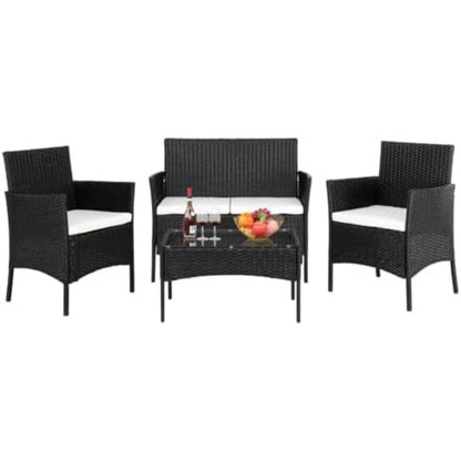 4-Persoons Tuinmeubelset – Buitenmeubelset – Loungeset – Balkonset – Rattan Zithoek – Weerbestendig PE-Rattan – Stevig Stalen Frame – Glazen Tafelblad
