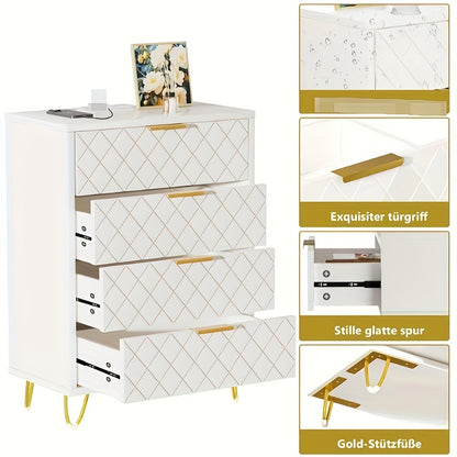 Modern White & Golden Storage Cabinet with PU Drawers - Heavy-Duty Organizer with Metal Handles, Space-Saving Design for Living Room, Bedroom, Entryway - Easy Assembly, Sturdy Construction, Cabinet Storage, Bedroom Furniture,