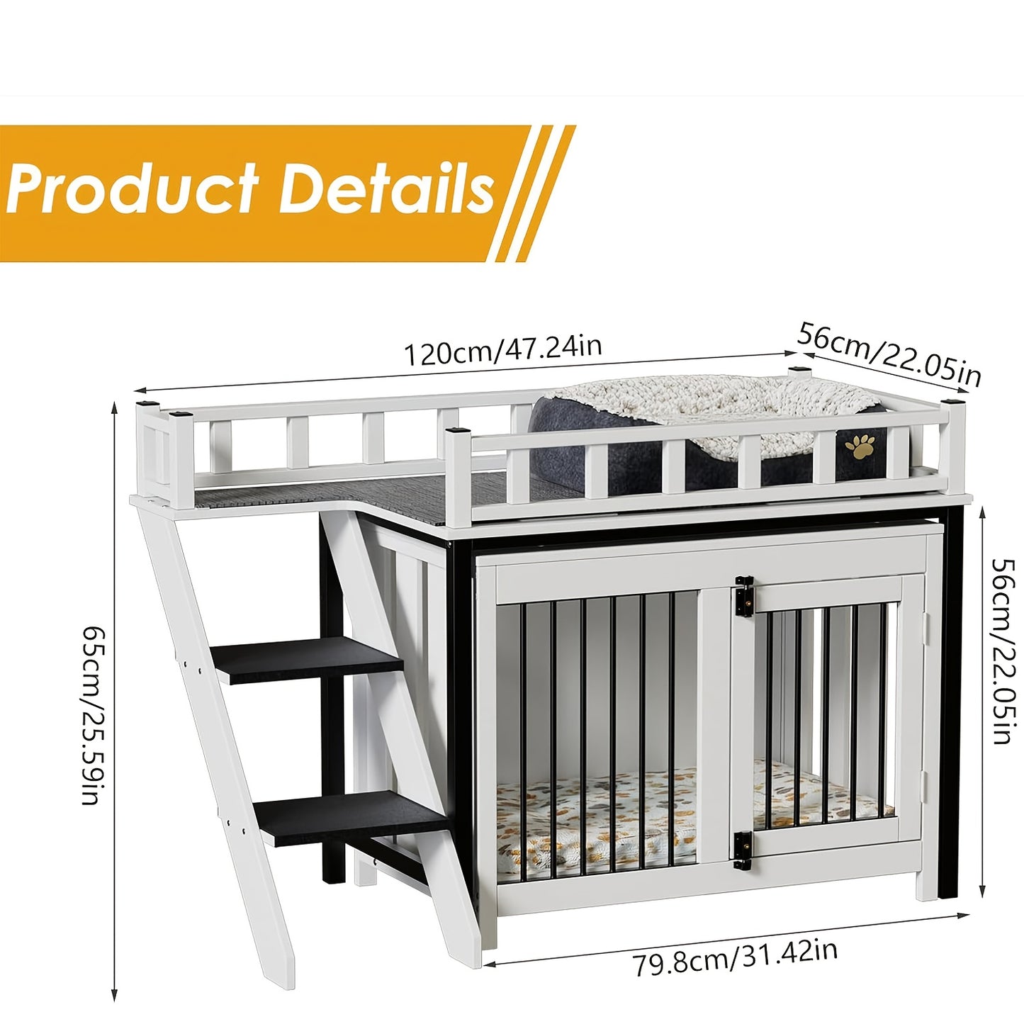 Hondenbench – Hondhuis – Hondenkooi – Huisdier Bench – Hondenren – Dakterras Met Reling – Trap Met Antislip Treden – Hout En Metaal – Voor Kleine En Middelgrote Honden – 120x56x65 cm
