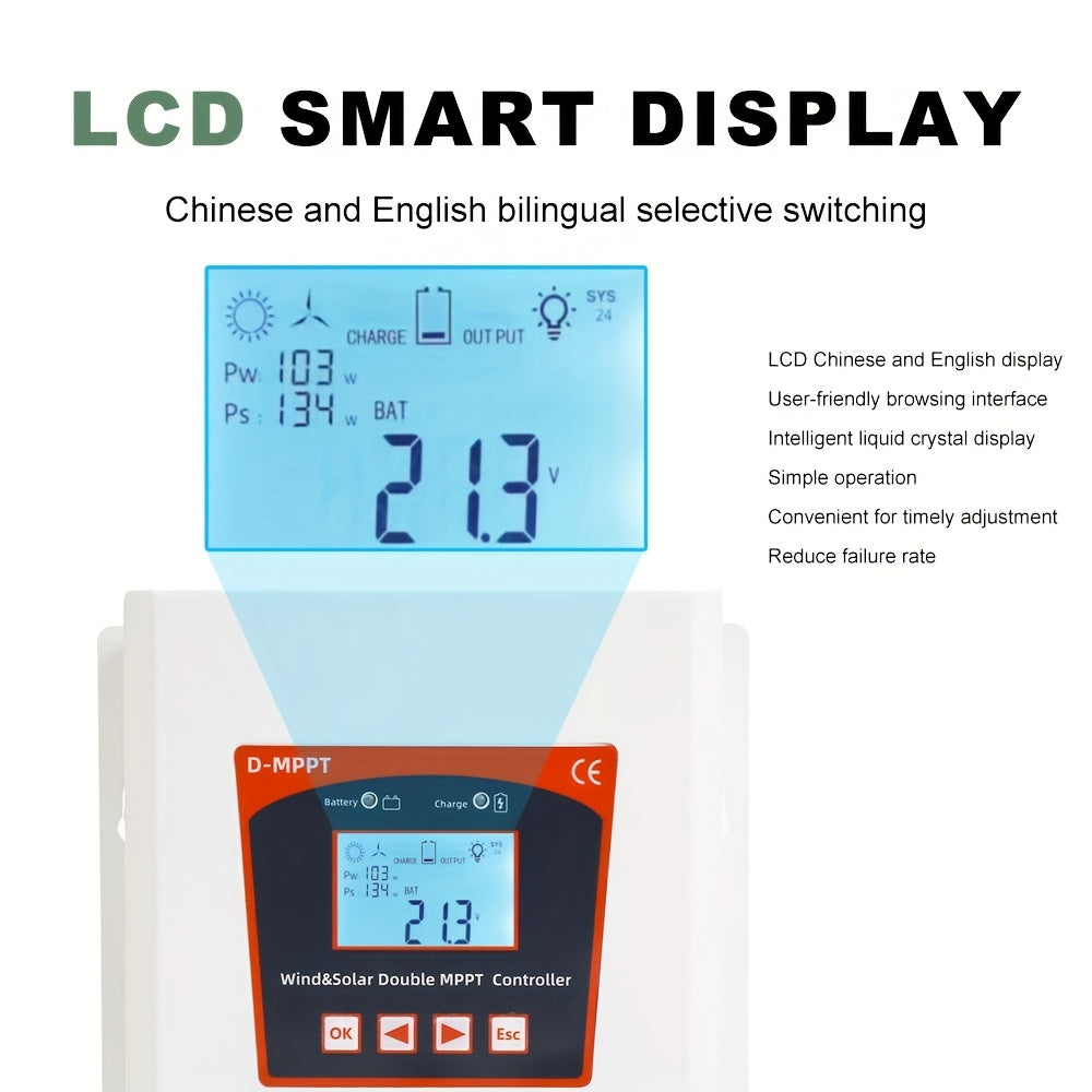 Hybride Laadregelaar – Zonnepaneel Regulator – Windenergie Controller – Off-Grid Batterij Regulator – MPPT Laadregelaar 24V/48V – 2500W Vermogen – Dual MPPT Met LCD Display