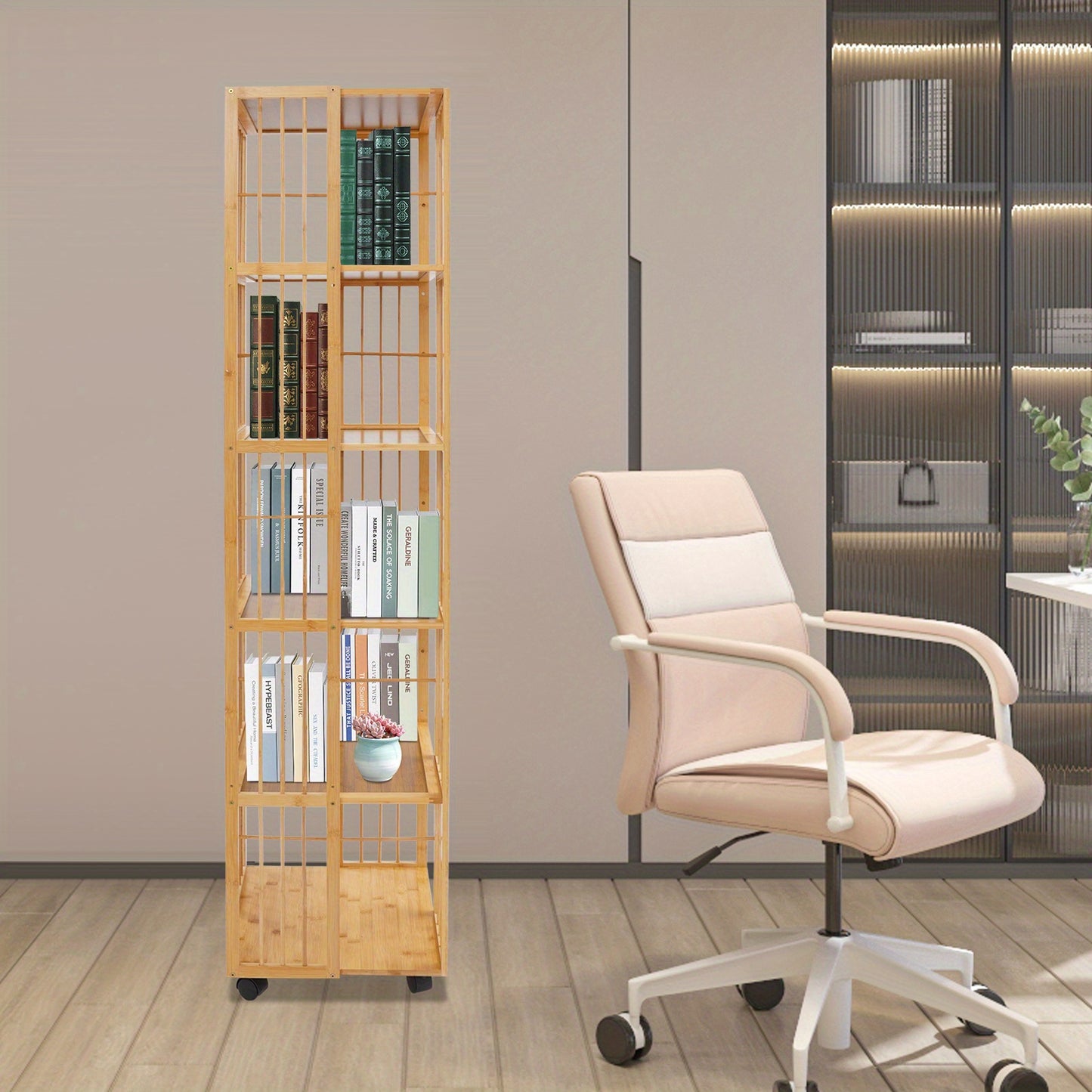 Draaibare Boekenplank – Boekenrek – Boekenkast – Verticale Opberger – Vrijstaande Plank – Bamboe Materiaal – 360° Draaibaar – 6-Lagen Ruimtebesparend Design – Natuurlijk Houtkleur