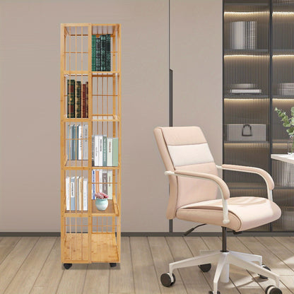 Draaibare Boekenplank – Boekenrek – Boekenkast – Verticale Opberger – Vrijstaande Plank – Bamboe Materiaal – 360° Draaibaar – 6-Lagen Ruimtebesparend Design – Natuurlijk Houtkleur