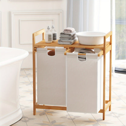 Wasmand – Wasbak – Wasmand Met Vak – Wascontainer – Waskrat – 3 Compartimenten – Bamboe Met Plank – Afneembare Waszakken