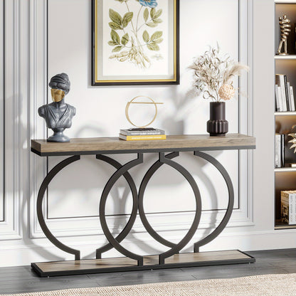 139.7 cm Rustic Industrial Console Table - Engineered Wood & Geometric Metal Frame, Oak Grey Finish, Sturdy 99.79KG Capacity, Easy Assembly for Entryway, Living Room, Hallway, Console Table Decor for Entryway, Hallway Storage